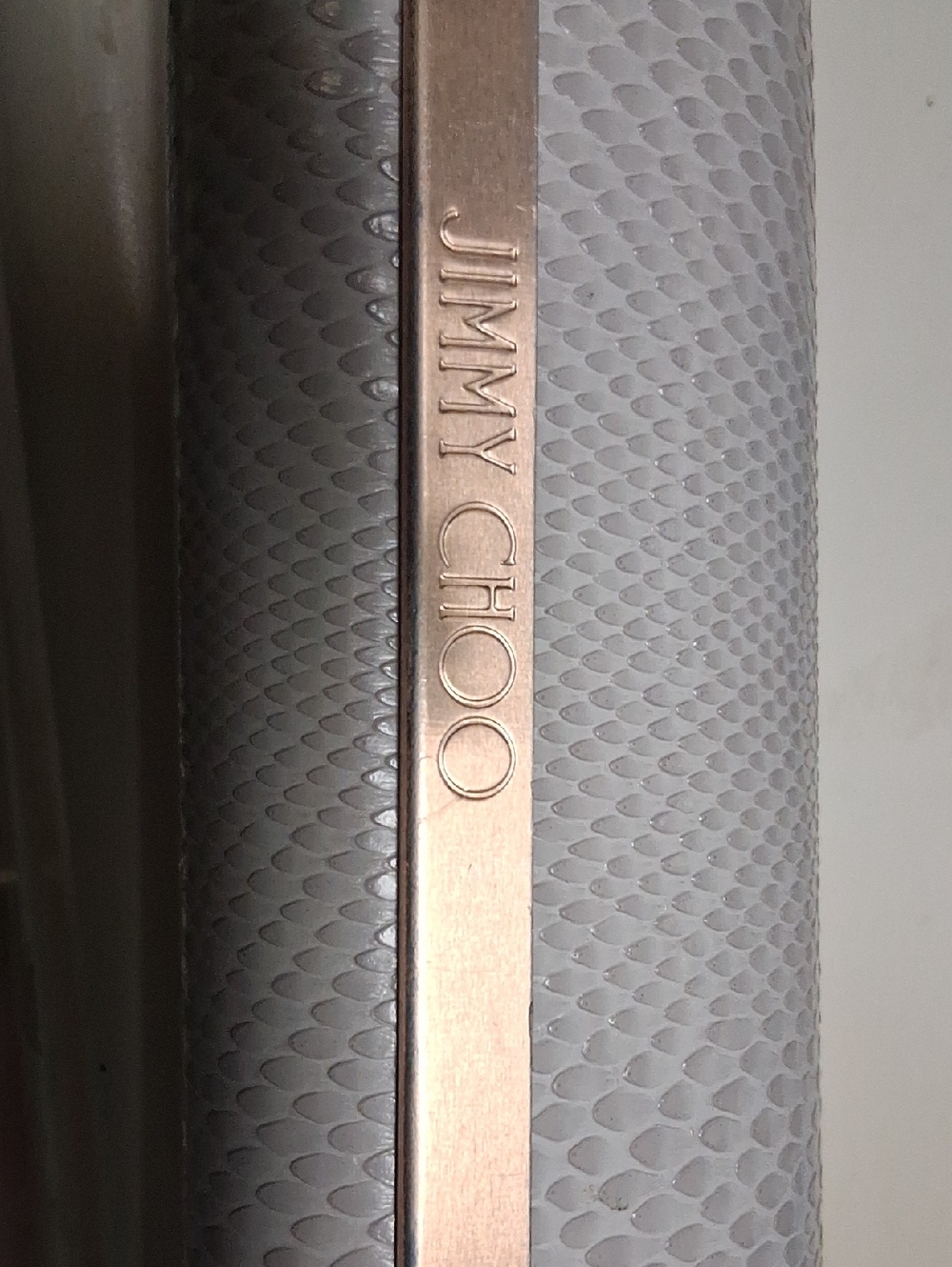Jimmy Choo Gray Eye Glass Case with Rose Gold Bar